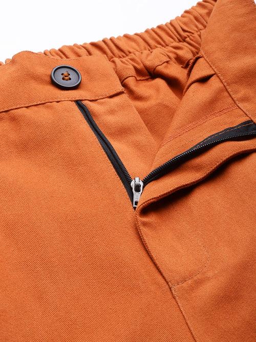 Women Rust Orange Cotton Cropped Parallel Trousers