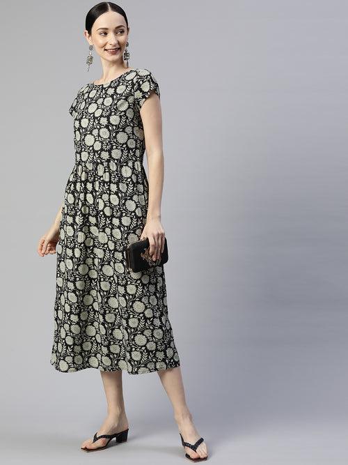 Black Floral Printed Cotton A-Line Dress