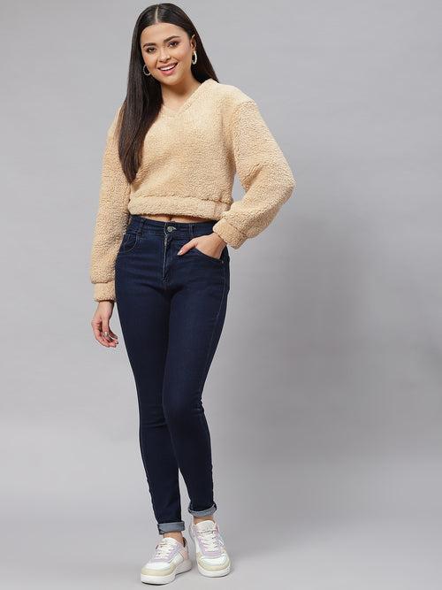 Beige Cropped Faux Fur Sweatshirt