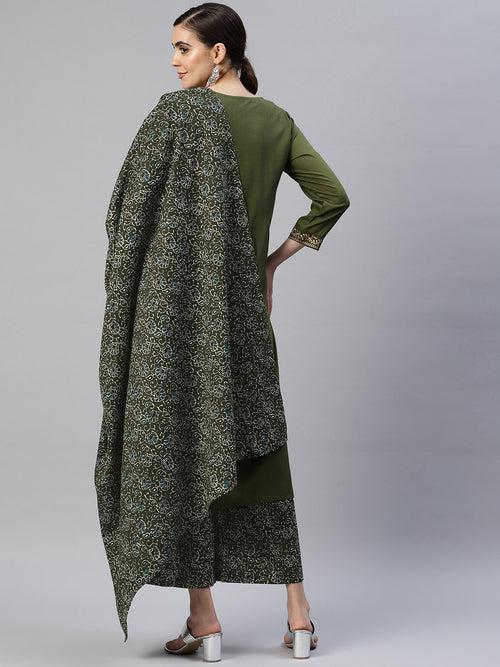 Women Olive Green Floral Yoke Design Kurta with Palazzos & With Dupatta