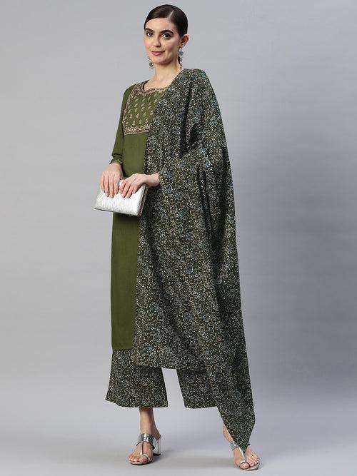 Women Olive Green Floral Yoke Design Kurta with Palazzos & With Dupatta