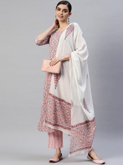 Women Pink Ethnic Motifs Printed Pure Cotton Kurta with Trousers & With Dupatta