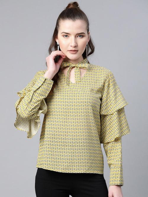 Popnetic Women Mustard Yellow & Navy Blue Printed Pure Cotton Top