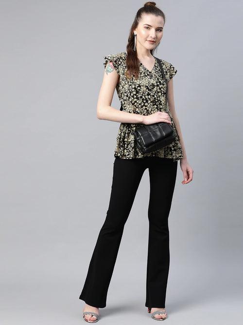 Popnetic Women Black & Beige Floral Print A-Line Layered Top