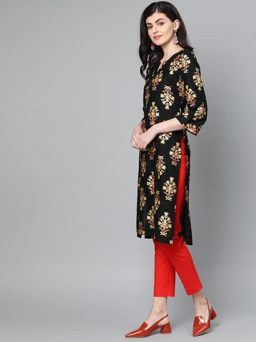 Popnetic Women Black & Beige Foil Print Straight Kurta