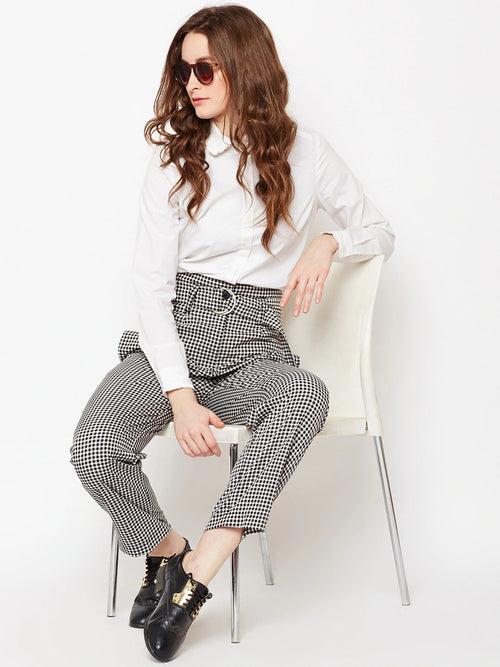 Popnetic Women Black Regular Fit Checked Parallel Trousers