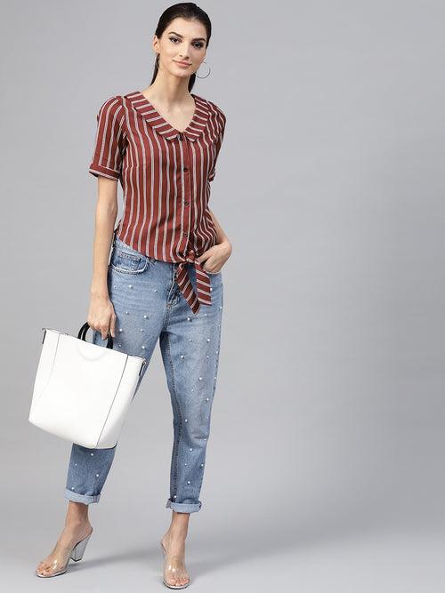 Popnetic Women Maroon Striped Shirt Style Top