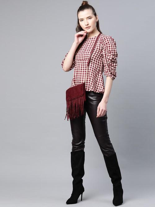 Popnetic Women Maroon & Beige Checked Pure Cotton Styled Back Top