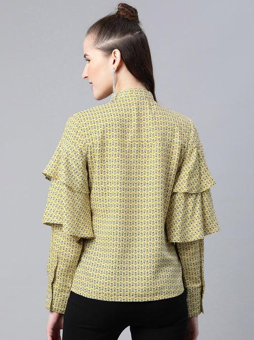 Popnetic Women Mustard Yellow & Navy Blue Printed Pure Cotton Top