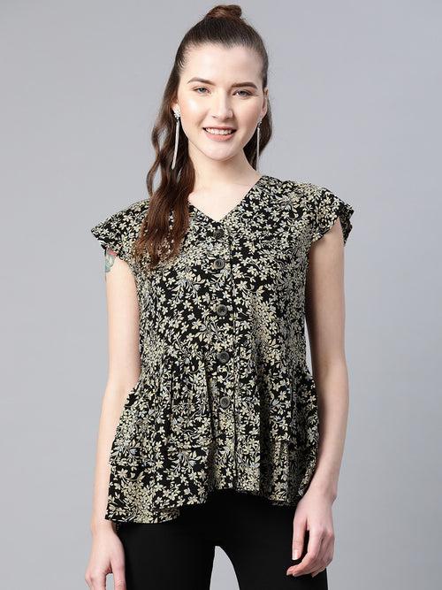 Popnetic Women Black & Beige Floral Print A-Line Layered Top