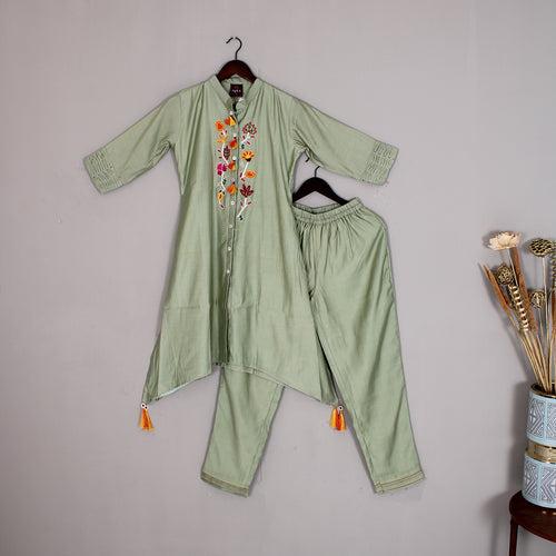 Asparagus Green Poly Silk Kurti Set