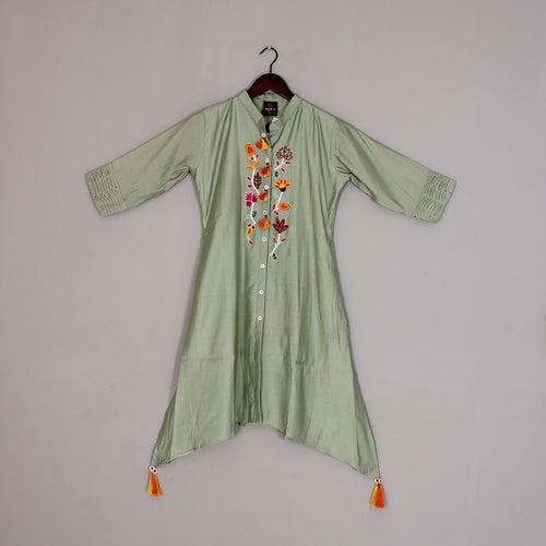 Asparagus Green Poly Silk Kurti Set