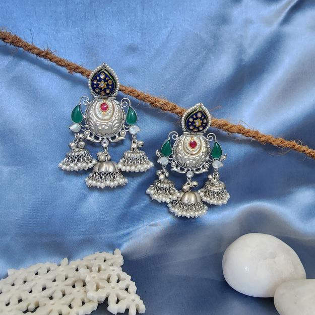 Silver Minakari Jhumka Earring