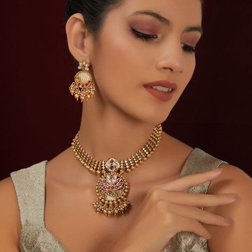 Gold Plated Ethnic Antique Indian Traditional Choker Set