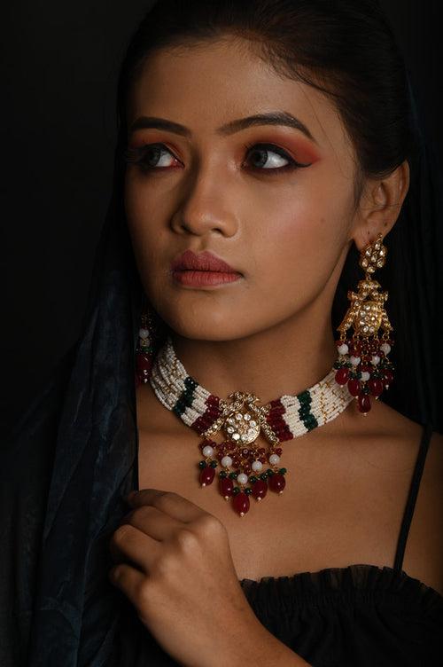 Pearl Choker With Ruby Stone Droplet