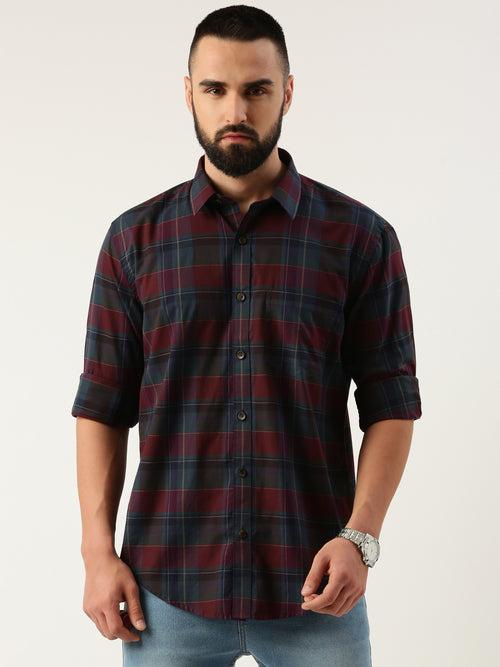 Wine Checked Casual Shirt