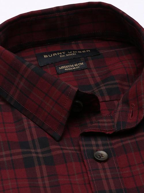 Wine Opaque Checked Casual Shirt