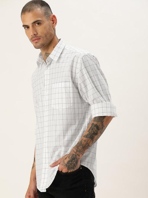 White Classic Opaque Checked Casual Shirt