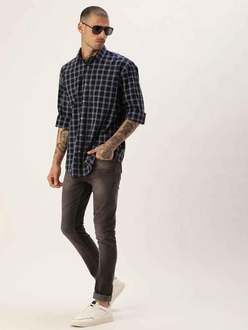 Navy Blue & White Classic Opaque Checked Casual Shirt