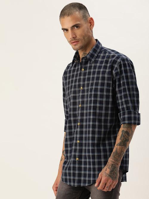 Navy Blue & White Classic Opaque Checked Casual Shirt