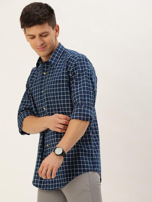 Blue & White Classic Opaque Checked Casual Shirt