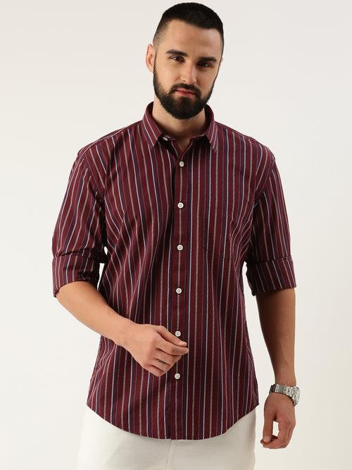 Wine Opaque Striped Casual Shirt