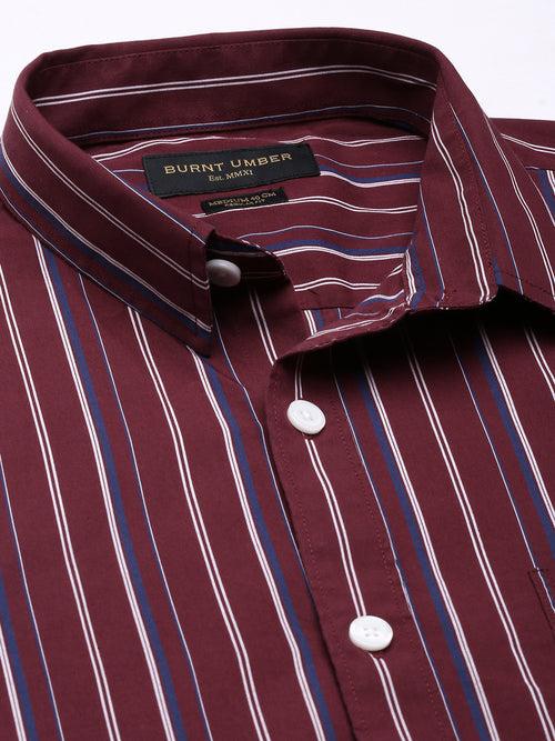 Wine Opaque Striped Casual Shirt