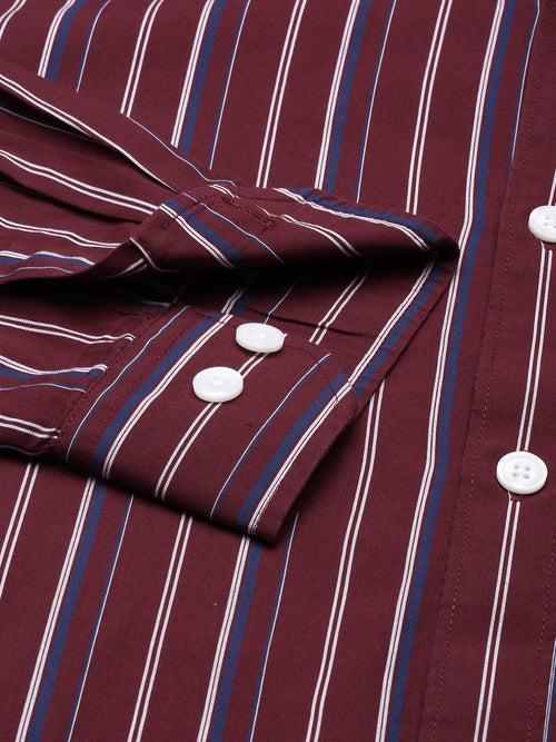 Wine Opaque Striped Casual Shirt