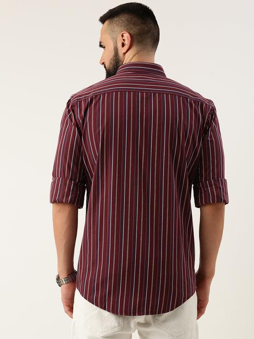 Wine Opaque Striped Casual Shirt