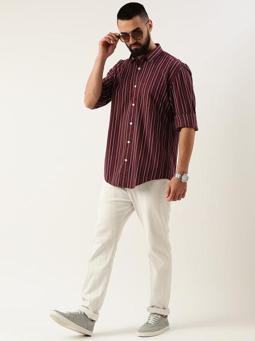 Wine Opaque Striped Casual Shirt