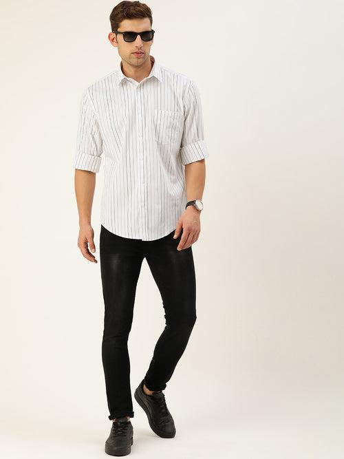 White & Black Classic Opaque Striped Casual Shirt