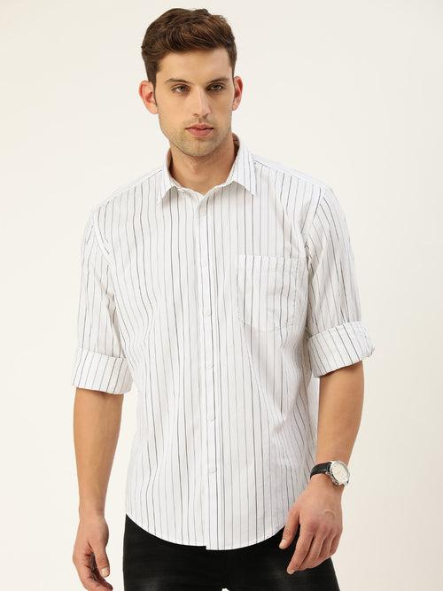 White & Black Classic Opaque Striped Casual Shirt