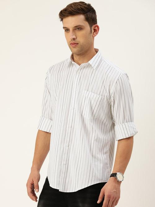 White & Black Classic Opaque Striped Casual Shirt