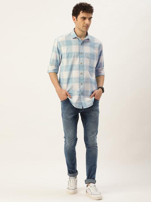 White & Blue Tartan Checked Casual Shirt