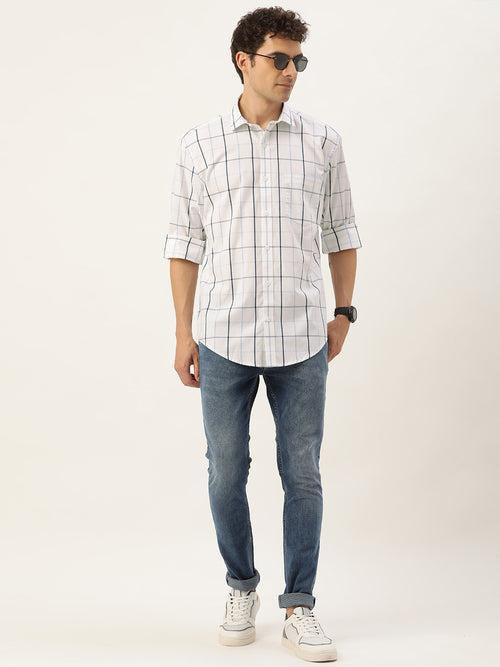 White & Blue Windowpane Checked Casual Shirt