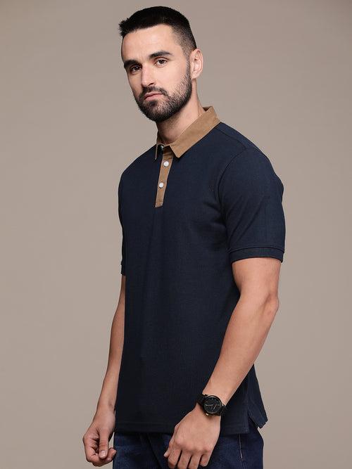 Navy Blue Solid Polo Collar T-shirt