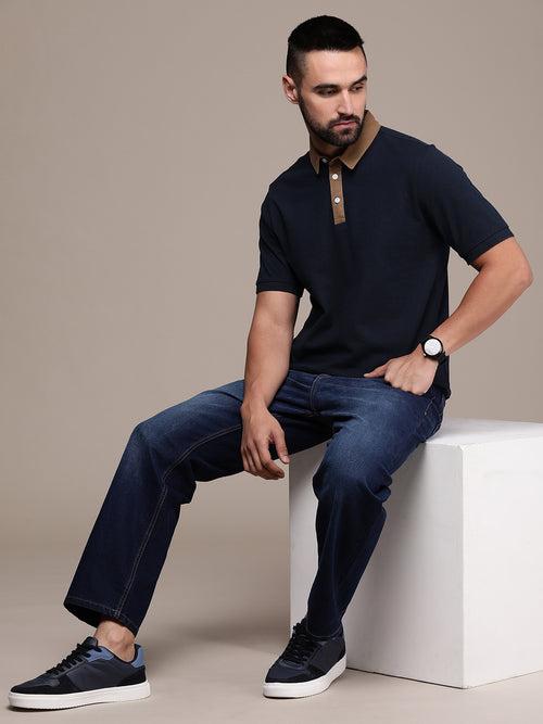 Navy Blue Solid Polo Collar T-shirt