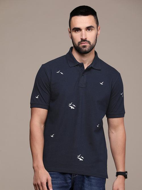 Navy Blue Printed Polo Collar T-shirt
