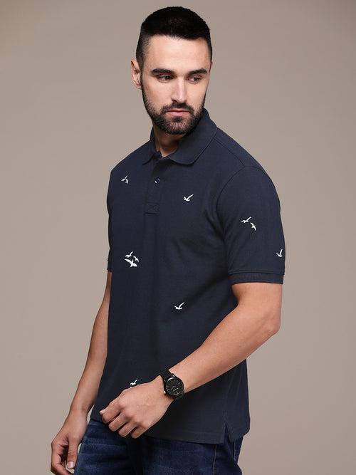 Navy Blue Printed Polo Collar T-shirt