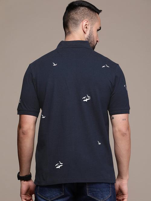 Navy Blue Printed Polo Collar T-shirt