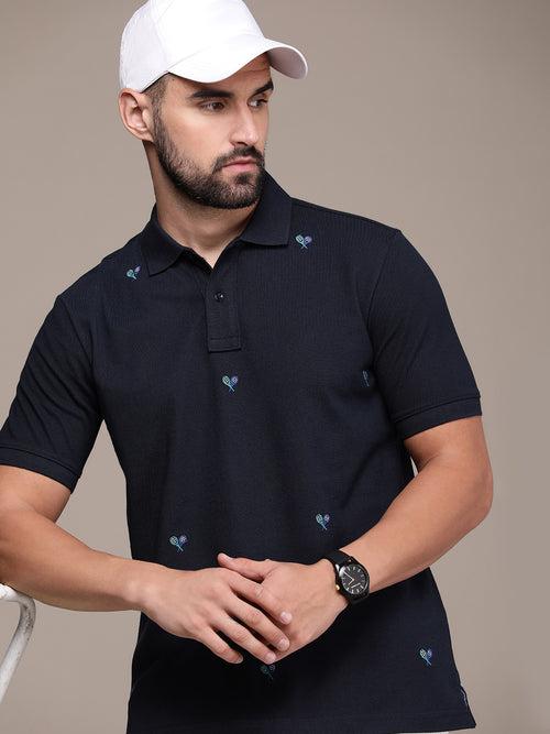 Navy Blue Printed Polo Collar T-shirt