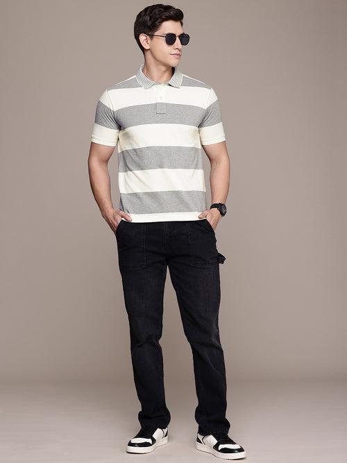 Ivory & Grey Striped Polo Collar T-shirt
