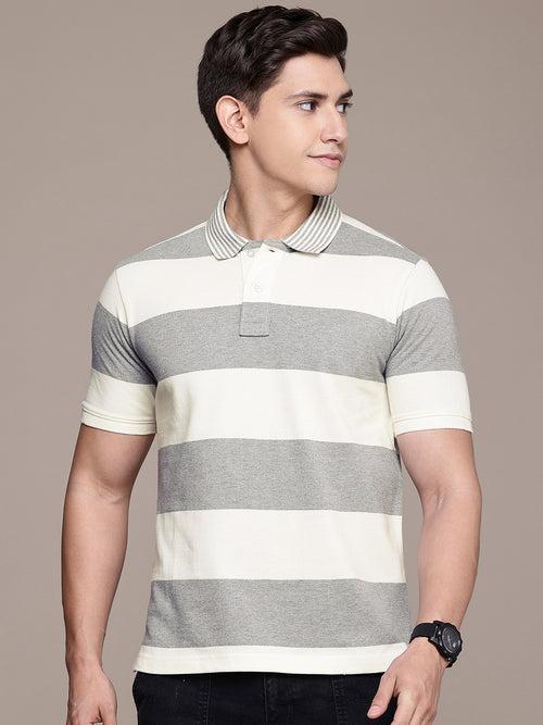 Ivory & Grey Striped Polo Collar T-shirt