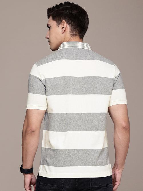 Ivory & Grey Striped Polo Collar T-shirt