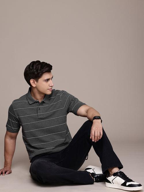 Grey Striped Polo Collar T-shirt