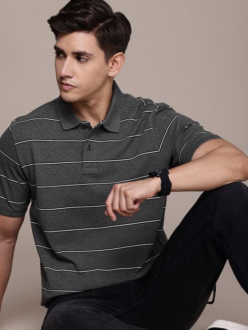 Grey Striped Polo Collar T-shirt