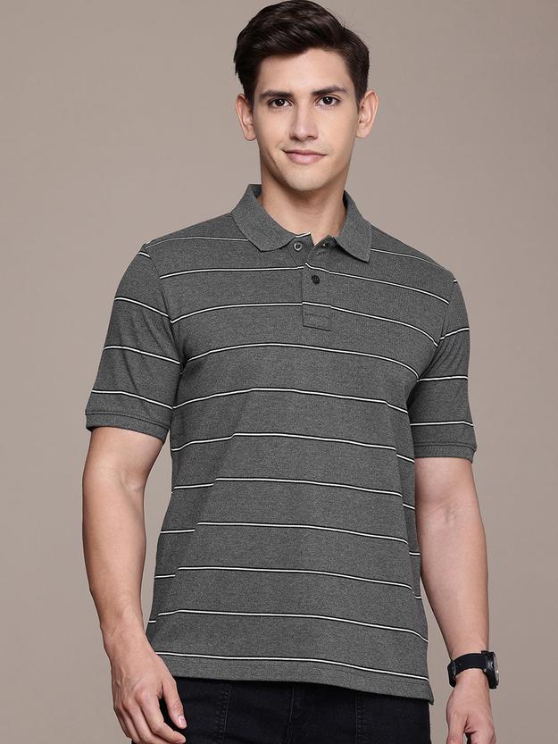 Grey Striped Polo Collar T-shirt