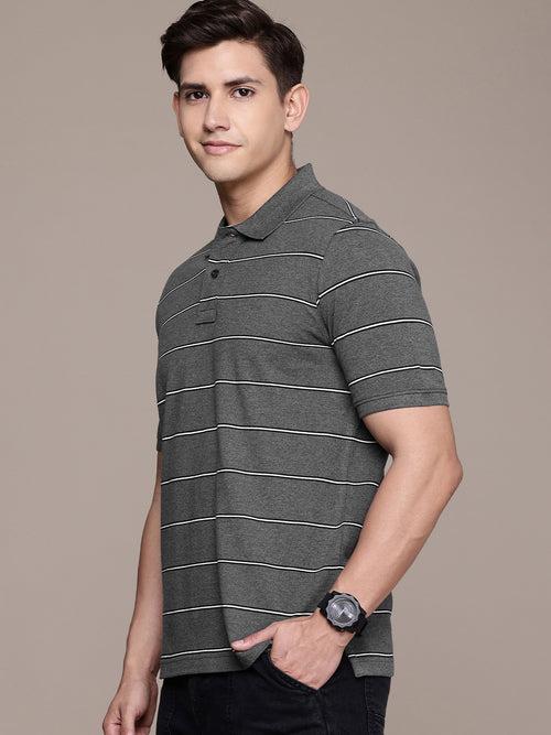 Grey Striped Polo Collar T-shirt