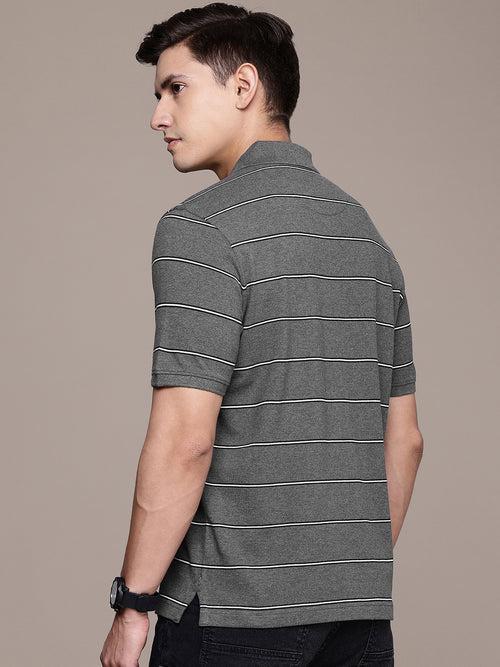 Grey Striped Polo Collar T-shirt