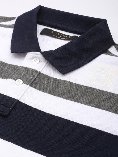 White & Navy Striped Polo Collar T-shirt